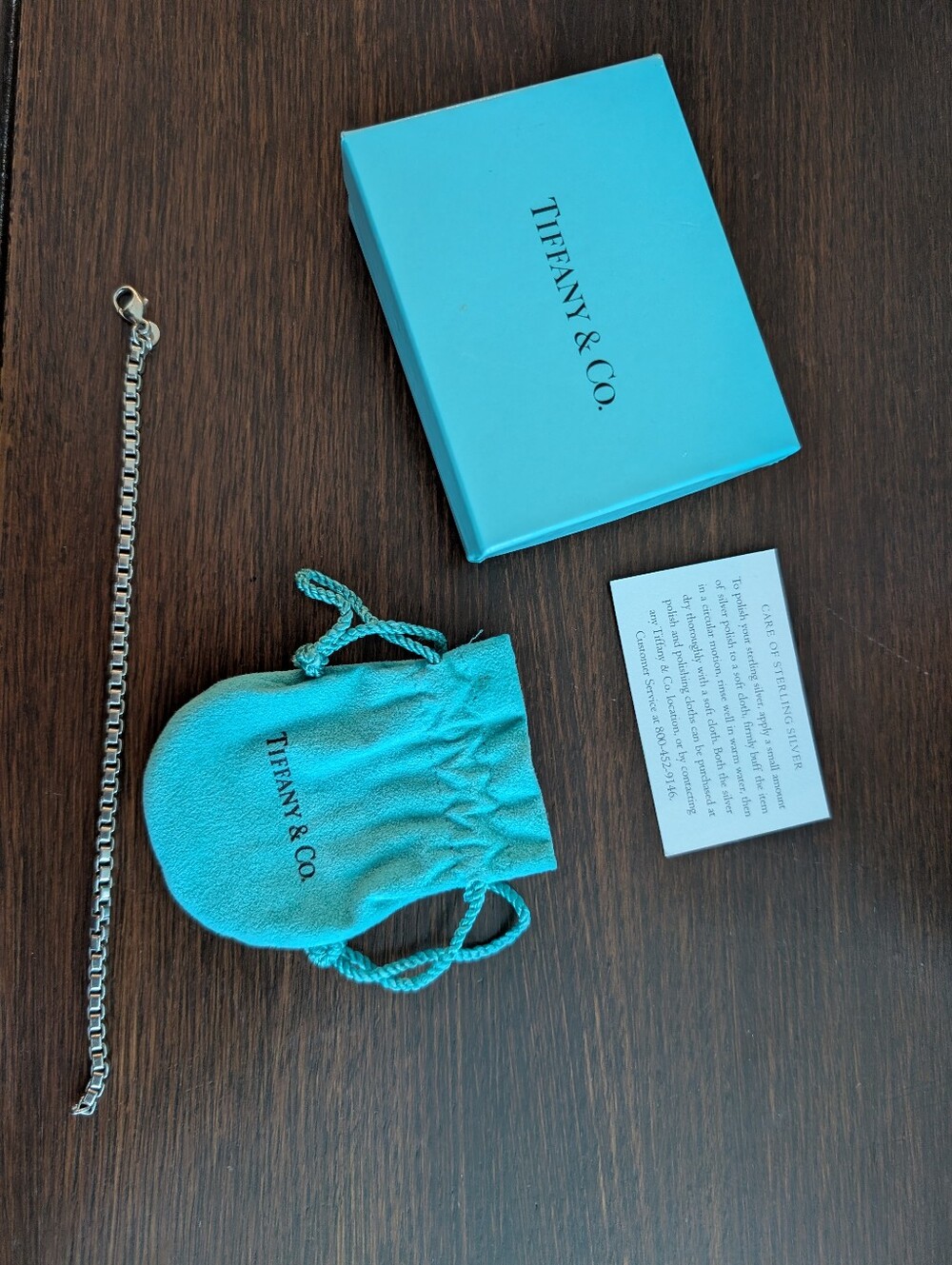 Authentic Tiffany & Co. Silver Box Chain Bracelet w/ Tiffany Blue Pouch & Box